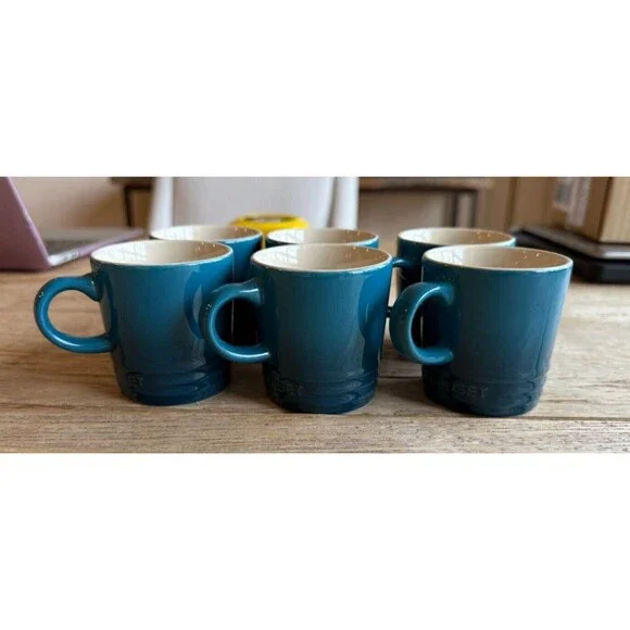 Le Creuset Stoneware Set of 6 3 oz London Espresso Mugs Deep Teal Blue NEW - Picture 4 of 9